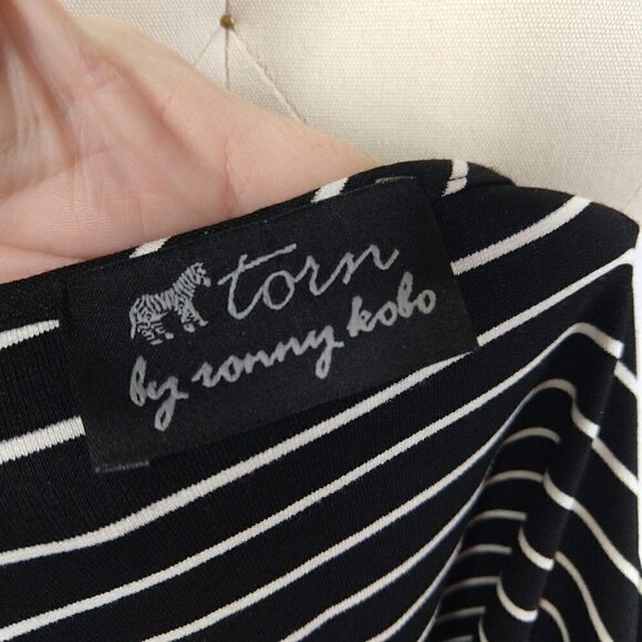Torn Ronny Kobo Striped Cut Out Sleeve Dress Size S Cold Shoulder Black White - Picture 9 of 11